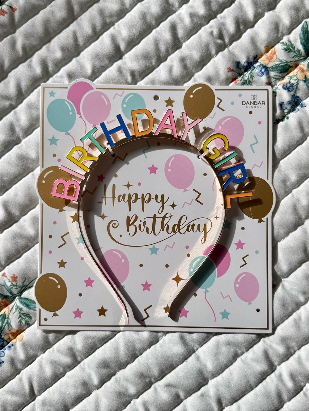 NWT Danbar Birthday Girl Metal Party Headband, Gold / Pastel Multicolor